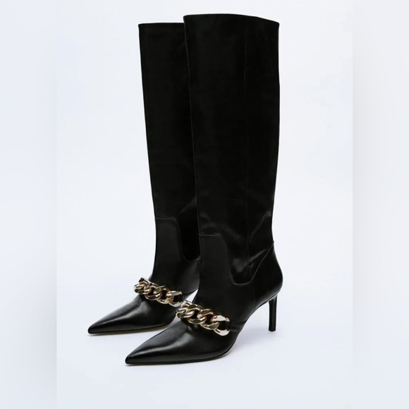 NWT Bloggers Favorite Rare Zara High Heeled Chunky Chain Detail Leather Boots - Picture 5 of 17